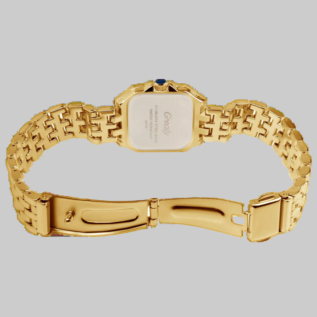 Gold watch with a chain-like bracelet on a white background