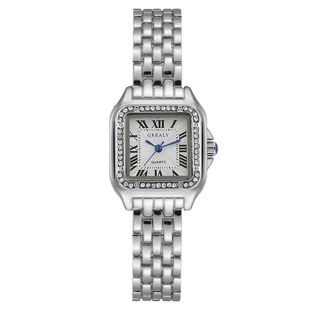 Silver wristwatch with a square face on a white background